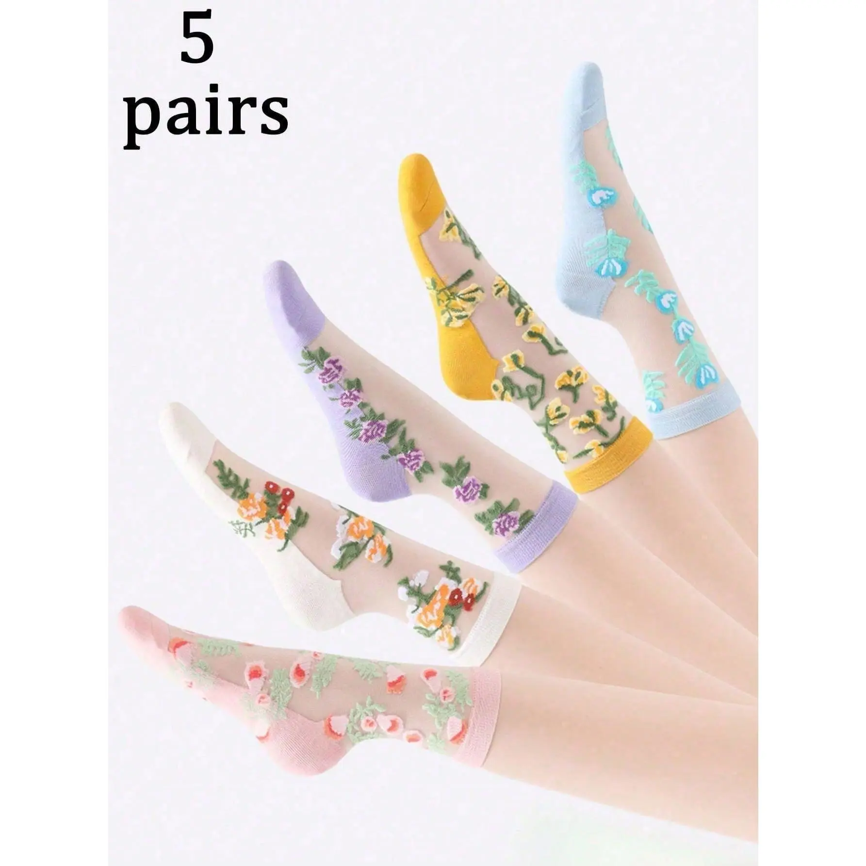 5 Pairs (Randomly Mixed) Women Floral Jacquard Patterned Colorful Patchwork Sheer Breathable Comfortable Mid-Calf Socks, Suitable For Spring Summer Daily Wear, Fall