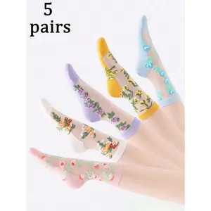 5 Pairs (Randomly Mixed) Women Floral Jacquard Patterned Colorful Patchwork Sheer Breathable Comfortable Mid-Calf Socks, Suitable For Spring Summer Daily Wear, Fall