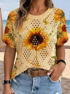 Women's Bohemian Sunflower Print Round Neck Short Sleeve Knit Sweater, Casual Breathable Top, Hollow Design, Spring Summer Fall