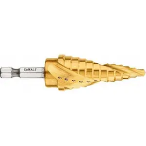 DEWALT High-Speed Steel Split Point Step Drill Bit - Model DWA1786IR, 12 Hole Sizes (3/16"-7/8" Diameter), 5/32" Step Length, 1/4" Hex Shank, TiN Finish
