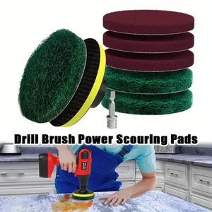 Drill Brush Powerful Scrubbing Pads - Heavy Duty Tub and Tile Cleaner - Home Cleaning Set Includes Drill Attachment, 3 Red and 3 Green Hard Scrubbing Pads Sponges