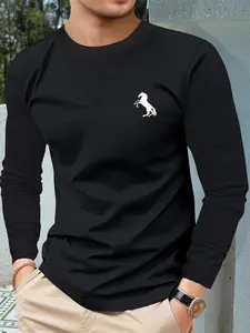 Men's spring and autumn thin long-sleeve T-shirt with personalized horse print pattern, trendy fashion casual sports outdoor black men's top clothing, suitable as a gift for husband or boyfriend.