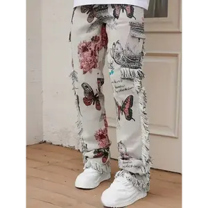 Men's Casual Floral Print Denim Jeans with Multi-Pocket Design - Cotton, Machine Washable, Loose Fit, Digital Print Menswear Fabric