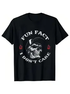 Summer Skull Punk Style Fun Fact I Don't Care Graphic Print Short Sleeve T-Shirt, Loose-Fitting Casual Top for Adults, Streetwear Fashion, Casual Fashion Clothing, Menswear