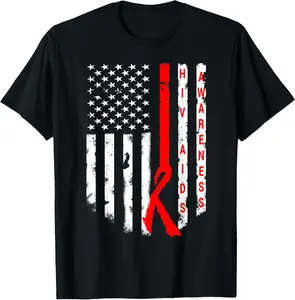 100% Cotton Hiv Aids Awareness T-Shirt American Flag Red Ribbon Tee