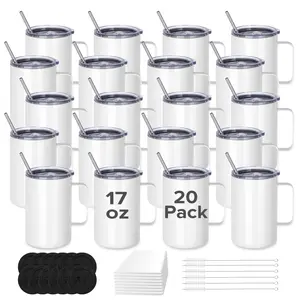 FASTSUB 17 oz Sublimation Mug with Lid and Straw 20 Pack, Stainless Steel Double Wall Vacuum Insulated Cup for Tumbller Press and Oven