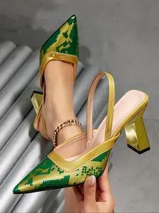 New Pointed Toe Chunky Heel High Heels Sandals Snake Print Gold Colorblock Women's Shoes, Casual Faux Leather Spring & Fall Footwear