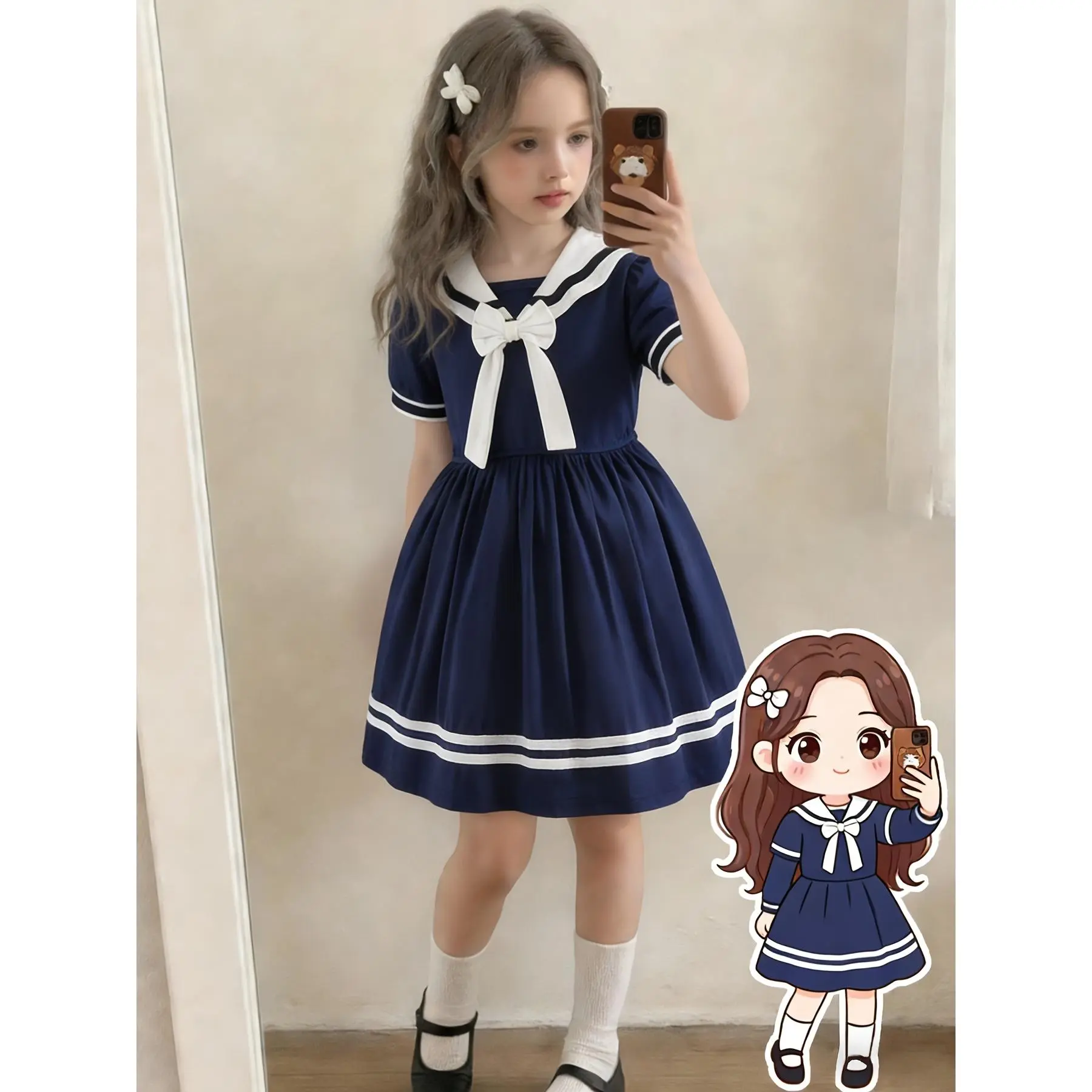 Girls Navy Blue Sailor Dress with White Collar & Bow Accent
