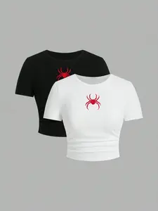 Spider Print Women's Tee, Casual Short Sleeve T-shirt for Summer, Ladies Clothes for Daily Wear, Top