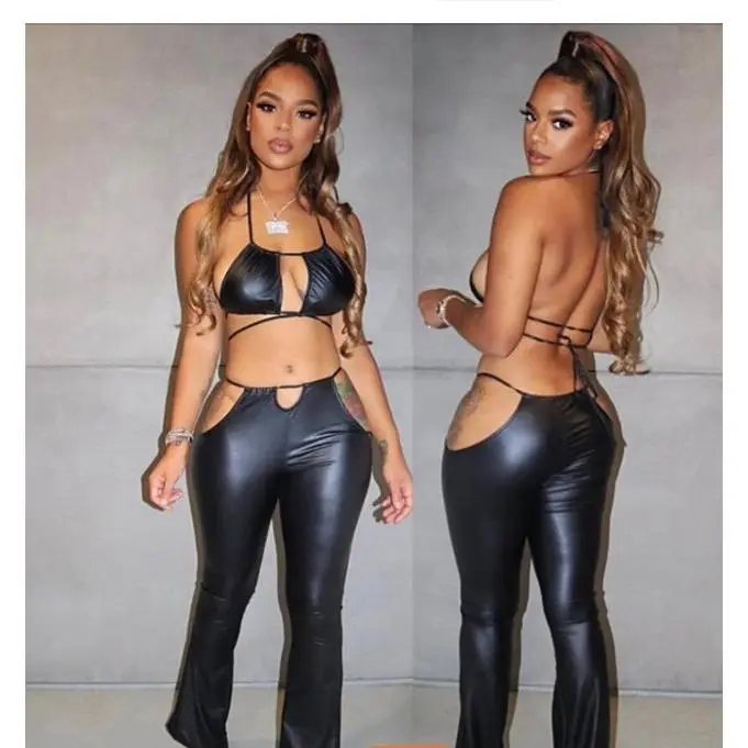 leather strappy two piece pants set