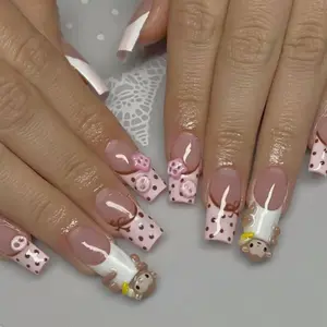 S57 Nailed by Vibe – Pink Polka Dot Press-On Nails, 3D Monkeys & Details, Glossy Nude Base, Cute Animal Theme, Handmade Custom Nails, Gifts for Her, Summer Vibes