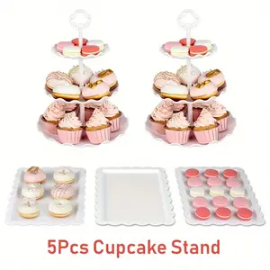 Pack Of 5 Stand White Dessert Table Display Set, Cake Stand, 2pcs 3 Tier Plastic Cake Stand Holder 3pcs Dessert Serving Tray Cookie Platter Rack Tower, for Tea Party Wedding