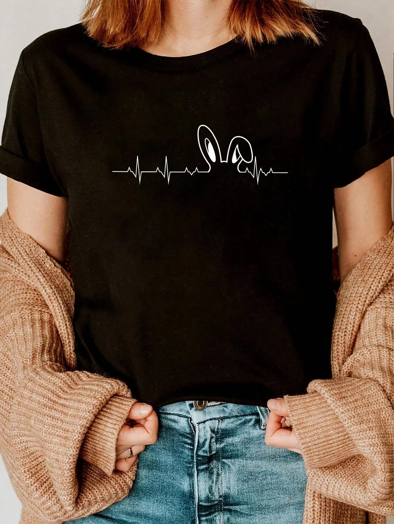 Cute Easter Bunny Heart Beat Rabbit Ears EKG T Shirt T-Shirt - Casual Crew Neck Short Sleeve Breathable 100 Cotton Top