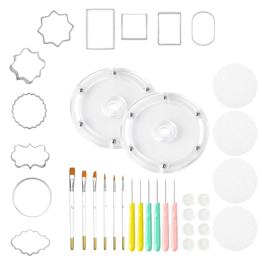 1Set Cookie Decorating Supplies Including 2Pcs Acrylic Cookie Turntable 6Pcs Cookie Scribe Needle 4Pcs Silicone Mesh Mats 6Pcs Cookie Decoration Brushes 8Pcs Rubber Feet Bumpers with 10Pcs Plaque Frame Cookie Cutters Set for Cookie Fruit Shapes