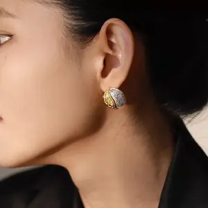 S925 silver gold and silver color matching zircon pattern texture round earrings about 8g1.9cm