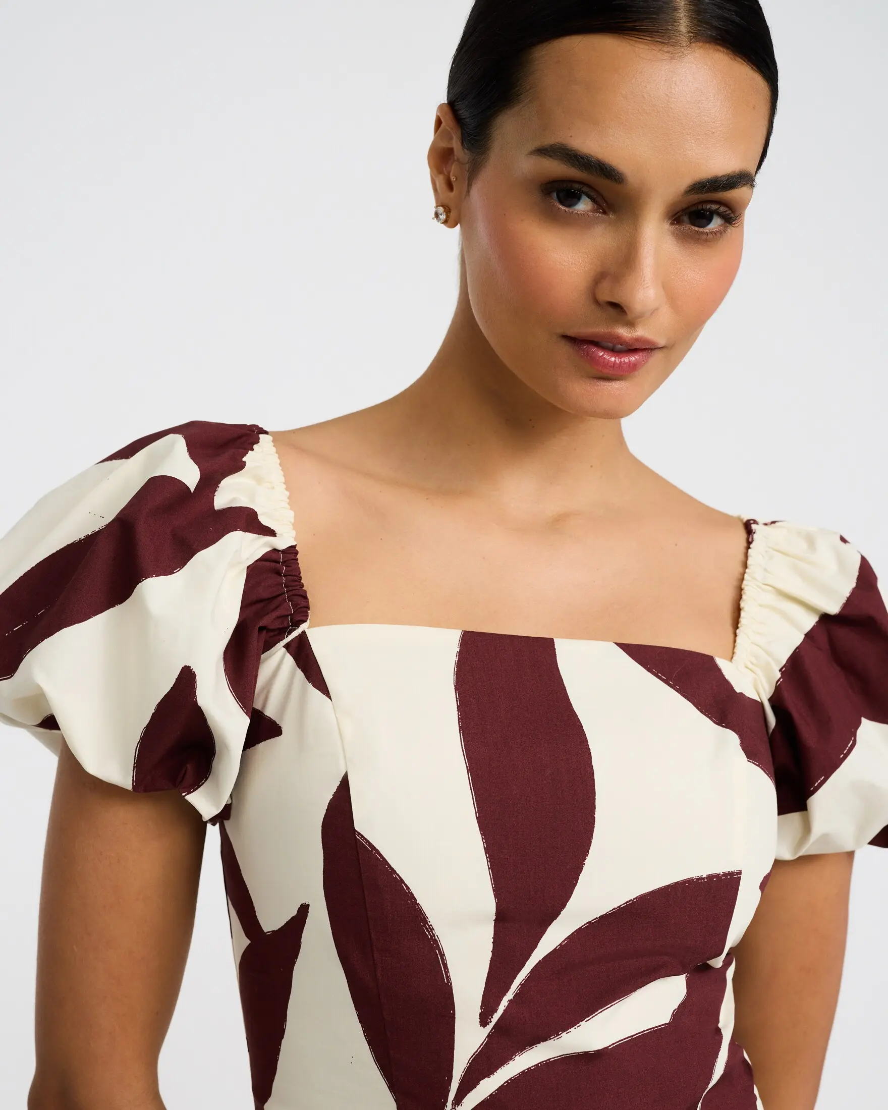 Express Cotton Poplin Printed Square Neck Puff Sleeve Top