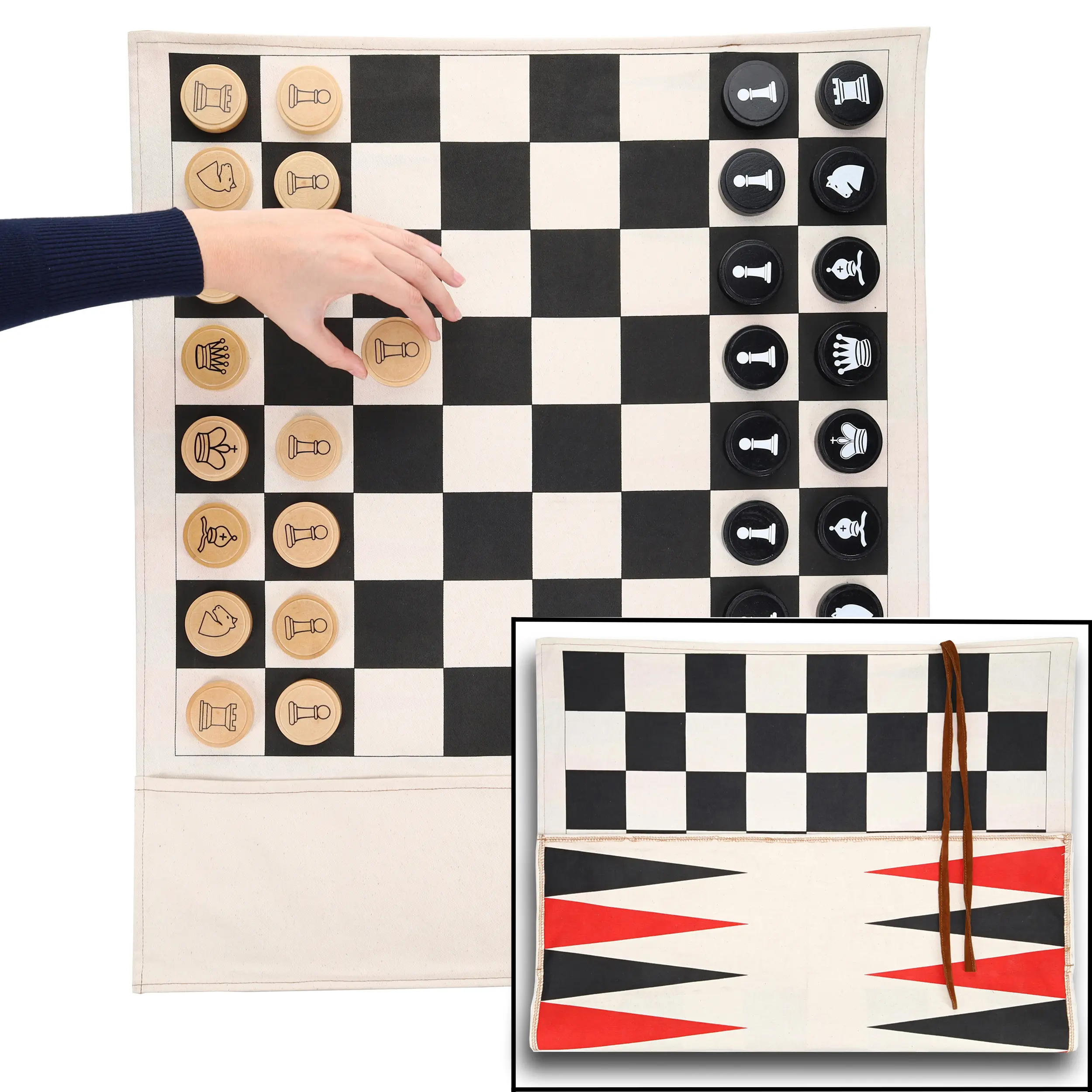 Pacific Shore Games Cloth Rollup Travel Chess, Checkers and Backgammon Game Set