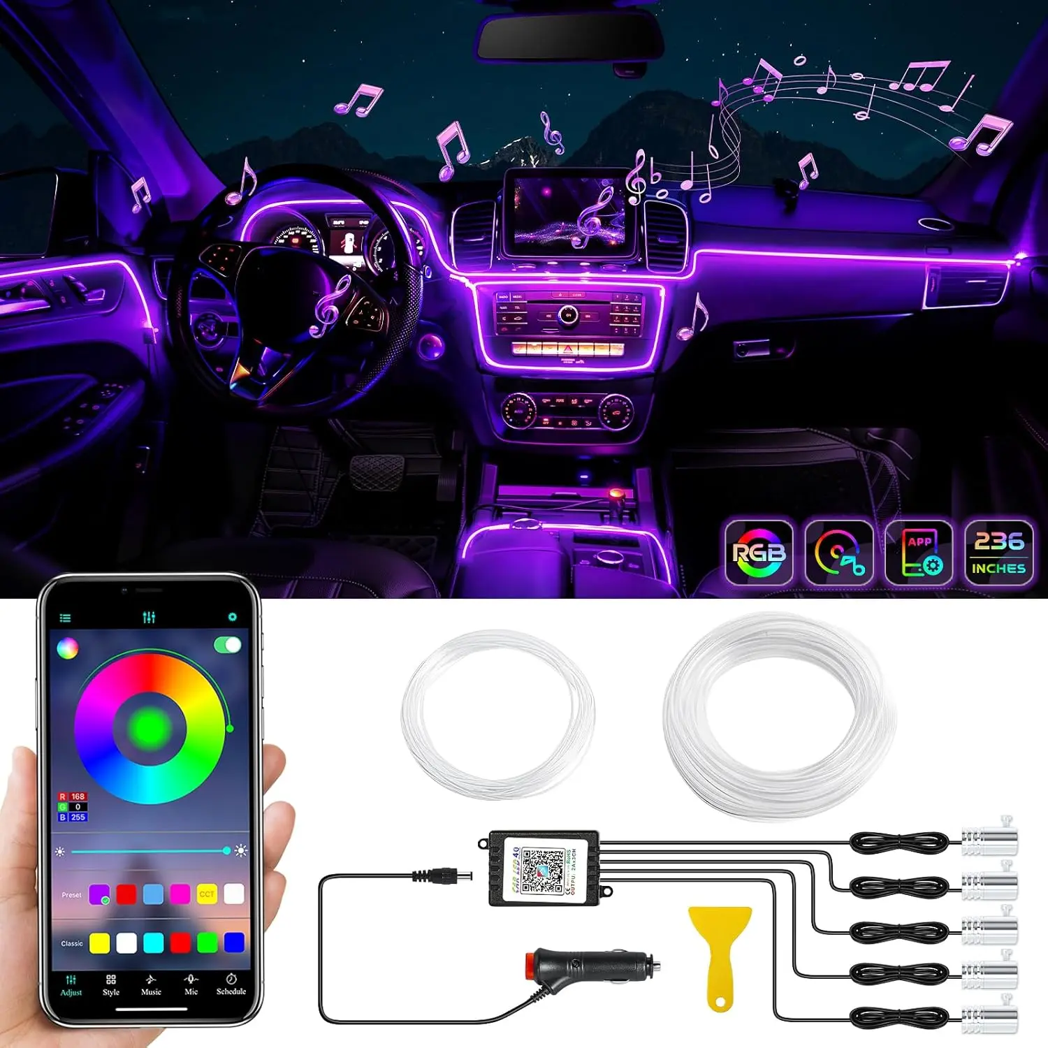 Wireless Bluetooth APP Control, 5 in 1 Car LED Interior Strip Light, 16 Million Colors with 236 inches Fiber Optic, Multicolor RGB Sound Active Automobile Atmosphere Ambient Lighting Kit