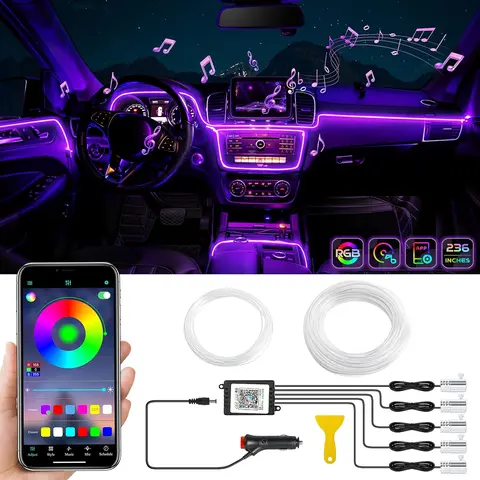 Wireless Bluetooth APP Control, 5 in 1 Car LED Interior Strip Light, 16 Million Colors with 236 inches Fiber Optic, Multicolor RGB Sound Active Automobile Atmosphere Ambient Lighting Kit