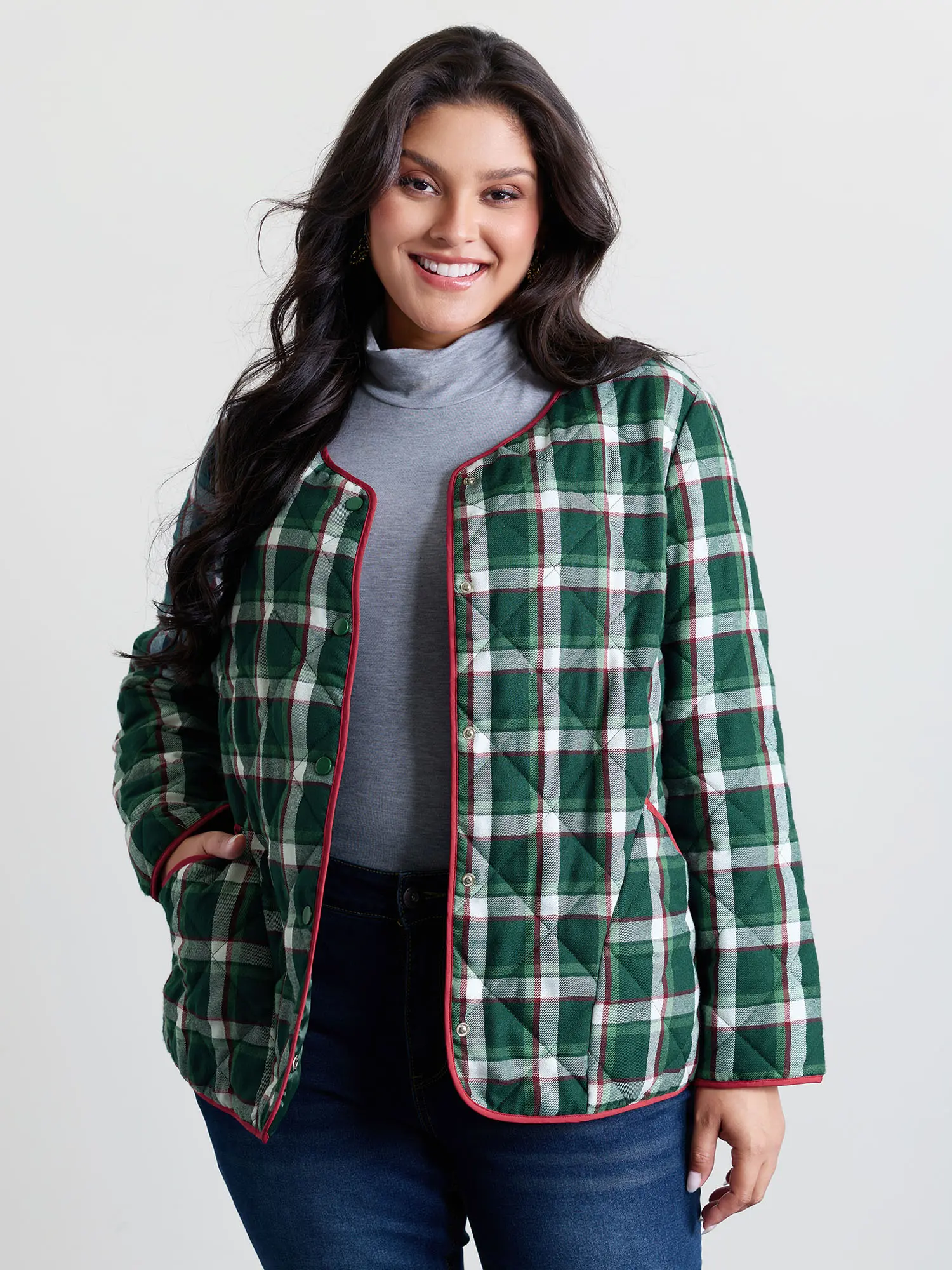 【Pocket Approved 】Bloomchic Emerald Plaid Checkered Button Quilted Jacket with Playful Prints & Patch Pockets Regular Fit Long Sleeve Autumn Casual Preppy Style 2026 Spring Break Gift For Easter's Day Mother's Day