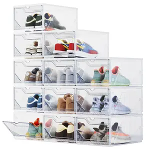 BROVIEW S6 XX-Large Shoe Sneaker Storage Boxes for Size 14, Stackable & Thicken Clear Plastic Shoe Organizers 6/8/12/15 Packs for Entryway Closet Under Bed, Shoe Storage Cabinets Container Display Case w/ Magnetic Door