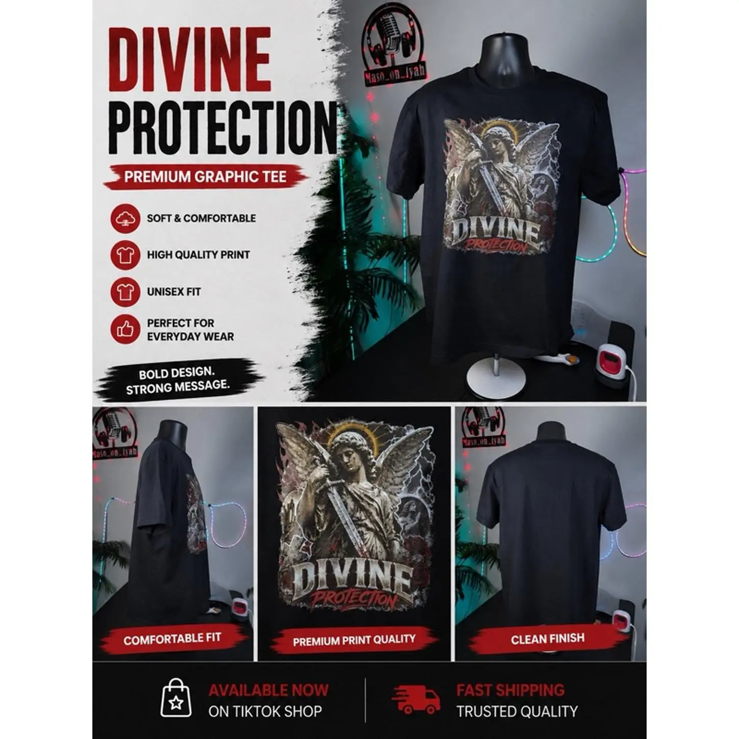 Divine Protection Black T-Shirt with Angel Warrior Graphic Unisex Streetwear Comfortable Fit High-Quality Print Everyday Casual Wear