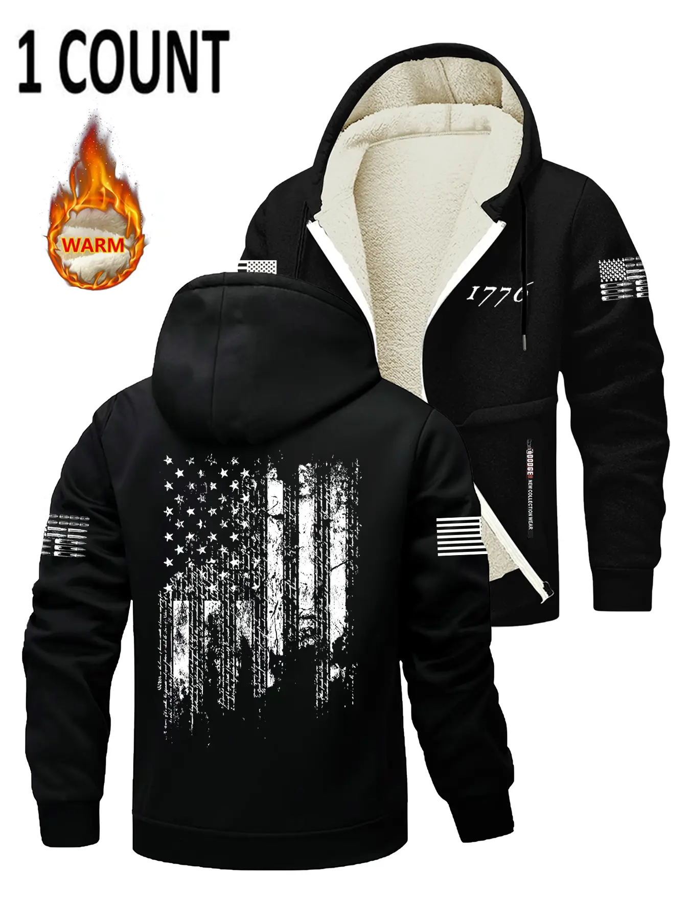 Men's Hot Selling Hooded Sweatshirt Jacket, Casual Streetwear Hoodie, Casual Sports Hoodie, Zipper Pocket Design, Flag Print, Soft Fleece Lining, Casual Fashion Outerwear