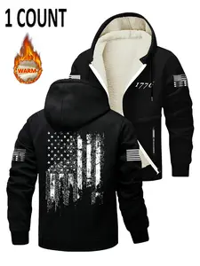 Men's Hot Selling Long Sleeve Hooded Sweatshirt Jacket, Zipper Pocket Design, Flag Print, Soft Fleece Lining, Casual Fashion Outerwear