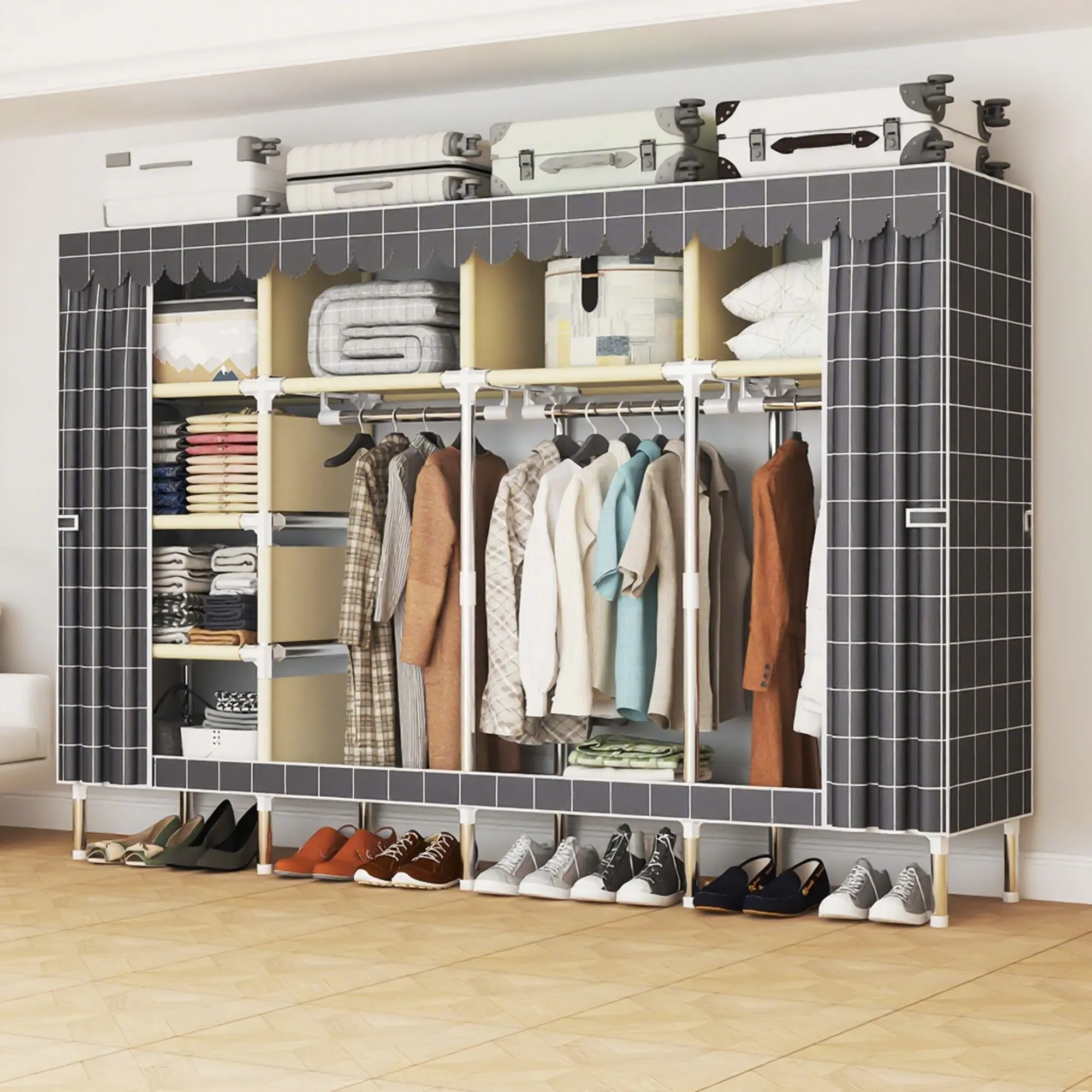 Heavy Duty Freestanding Wardrobe Cabinet - Portable Closet Storage Organizer with Metal Hangers, Easy Assembly, Strong Load-Bearing Capacity, Detachable Design for Bedroom Clothes Hanging