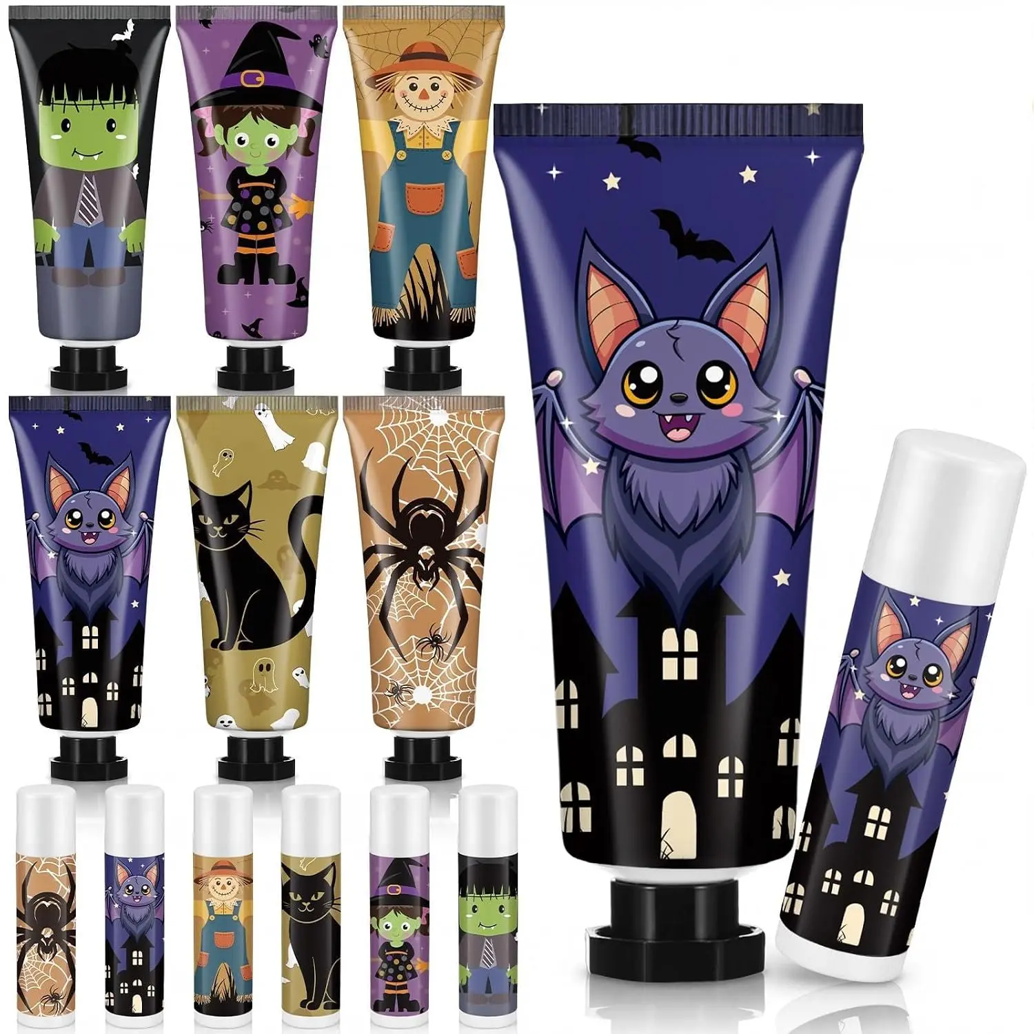 12 Pack Halloween Hand Cream and Lip Balm Gifts Sets Halloween Party Favors Hand Lotion Bulk Travel Size Boo Basket Stuffers Item for Adults Women 6 Natural Plant Fragrances