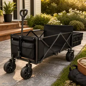 3-in-1 Convertible Collapsible Steel-Frame Wagon Cart - Folding Trolley, Seat Conversion, Storage, 500lbs Max Capacity, 180L Volume, All-Terrain Snap-On Wheels, Heavy-Duty Outdoor Utility Wagon for Camping, Garden, Black