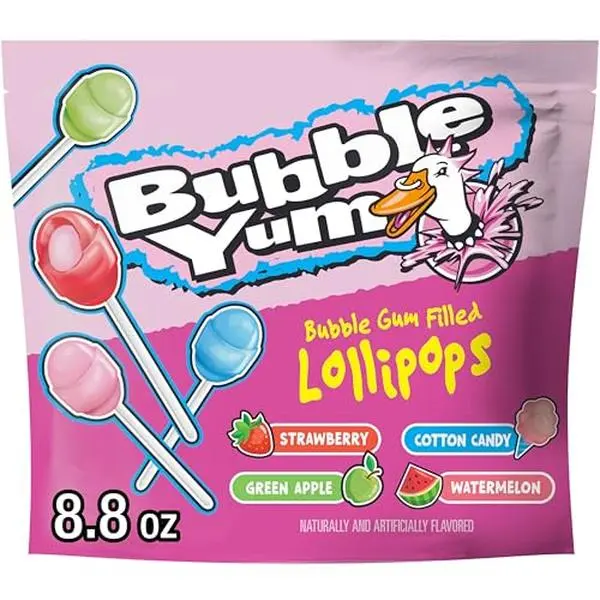 BUBBLE YUM Assorted Bubble Gum Filled Lollipops Bag, 8.8 oz | Assorted bubble gum filled lollipops in fruity flavors, perfect for parties, events and road trips.