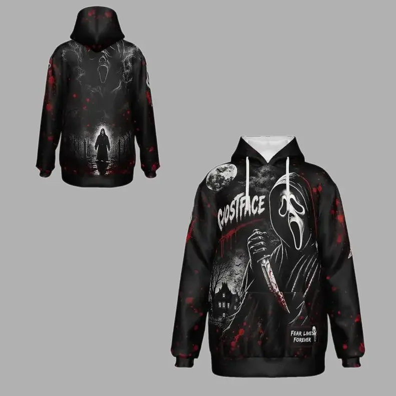 Ghostface Horror Hoodie, Scream Mask Graphic Sweatshirt, Black Red Blood Splatter Pullover, Scary Slasher Movie Streetwear, Halloween Gift for Horror Fans