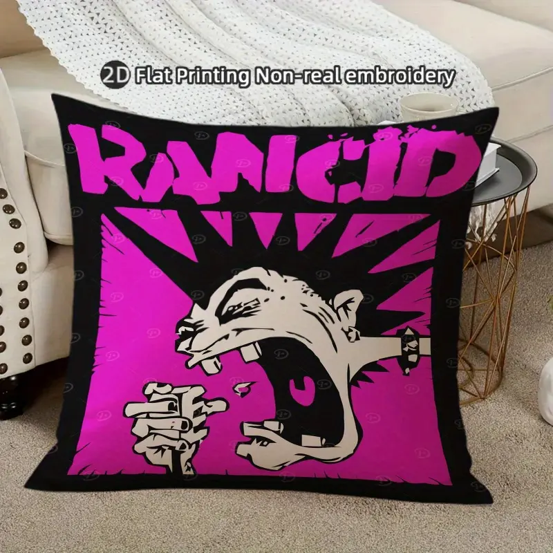 1pc RANCID Band Graphic Pillowcase 18x18 Inch, Zippered Polyester Cover for Living Room, Bedroom, Sofa - Machine Washable, Music Theme Decor (Insert Not Included), Music Room Decor, 2D Flat