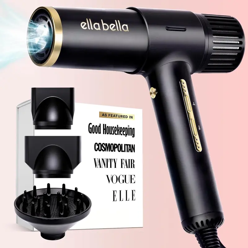 ELLA BELLA Ionic Salon Hair Dryer with Diffuser • Negative Ion Blow Dryer • for All Hair Types • Intelligent Heat & Speed Control • Lightweight & Low-Noise Design • Rapid Drying & Precision Styling