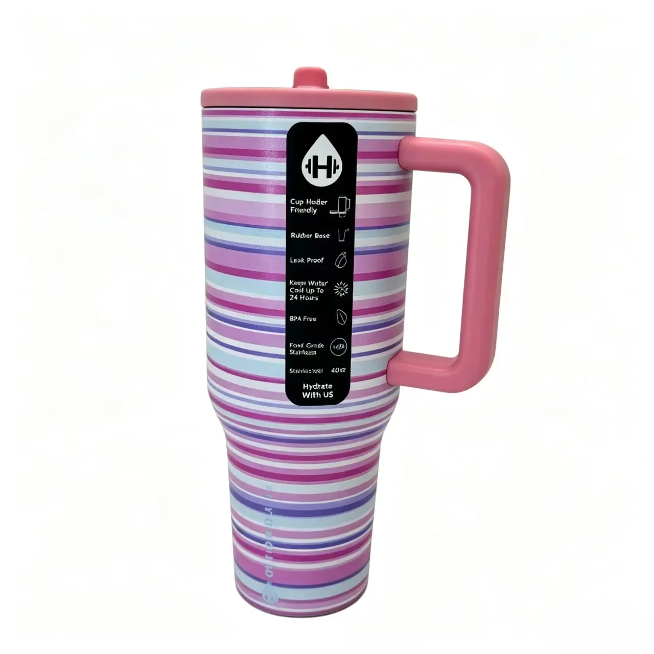 HydroJug 40oz Stainless Steel Thermal  - Stylish  Shape, Pink Horizon Multicolor Pastel Stripe Coquette Design, Leakproof Vacuum Insulated Water Mug with Handle, Portable Drink Bottle for Everyday Use, Funny Birthday Gift owala leak-proof, S freesip