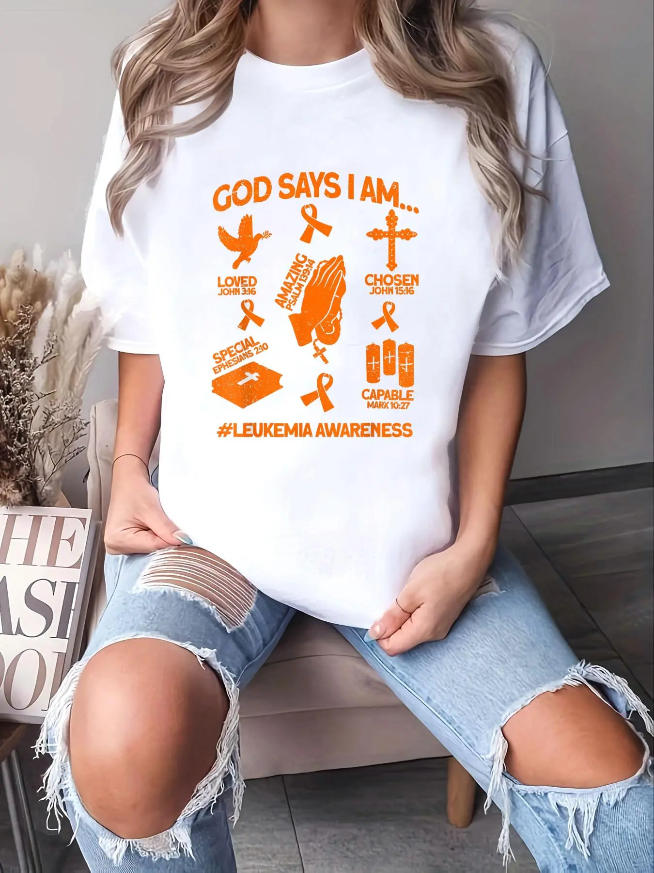 Women's 100% Cotton Round Neck Short Sleeve Loose Casual T-Shirt - Unisex Leukemia Awareness Christian Graphic Tee, Tshirt, Jackets, Shortsleeve, Style, Tops, All Seasons, Soft, Clothes, Loose-Fitting, Do Not Bleach, Machine Wash, Party