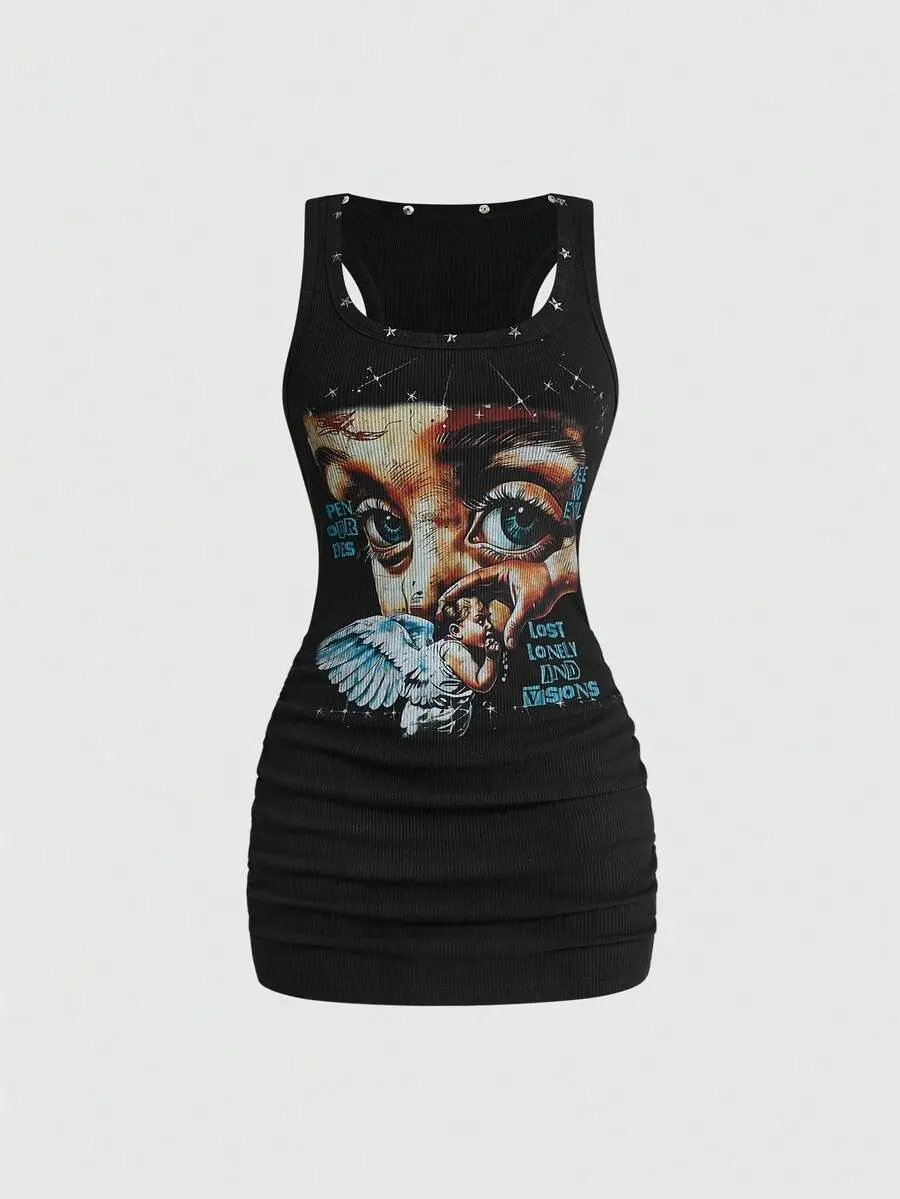 ELVORIA Street Life Women's Retro Baddie Unisex Streetwear Angel Face Print Pentagram Studded Bodycon Mini Dress