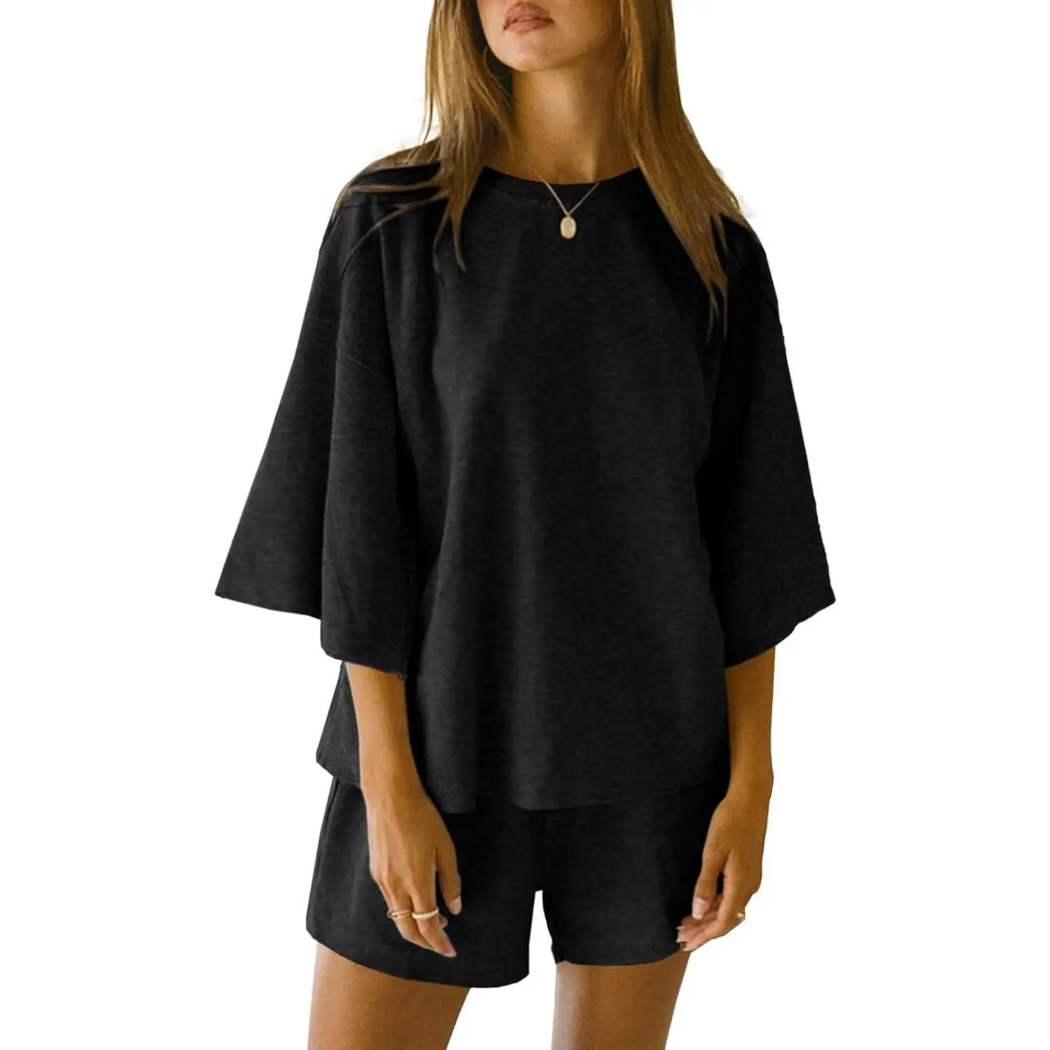 Goranbon Womens 2 Piece Outfits 3/4 Sleeve Tops and Elastic Waist Shorts Lounge Sets Loungewear