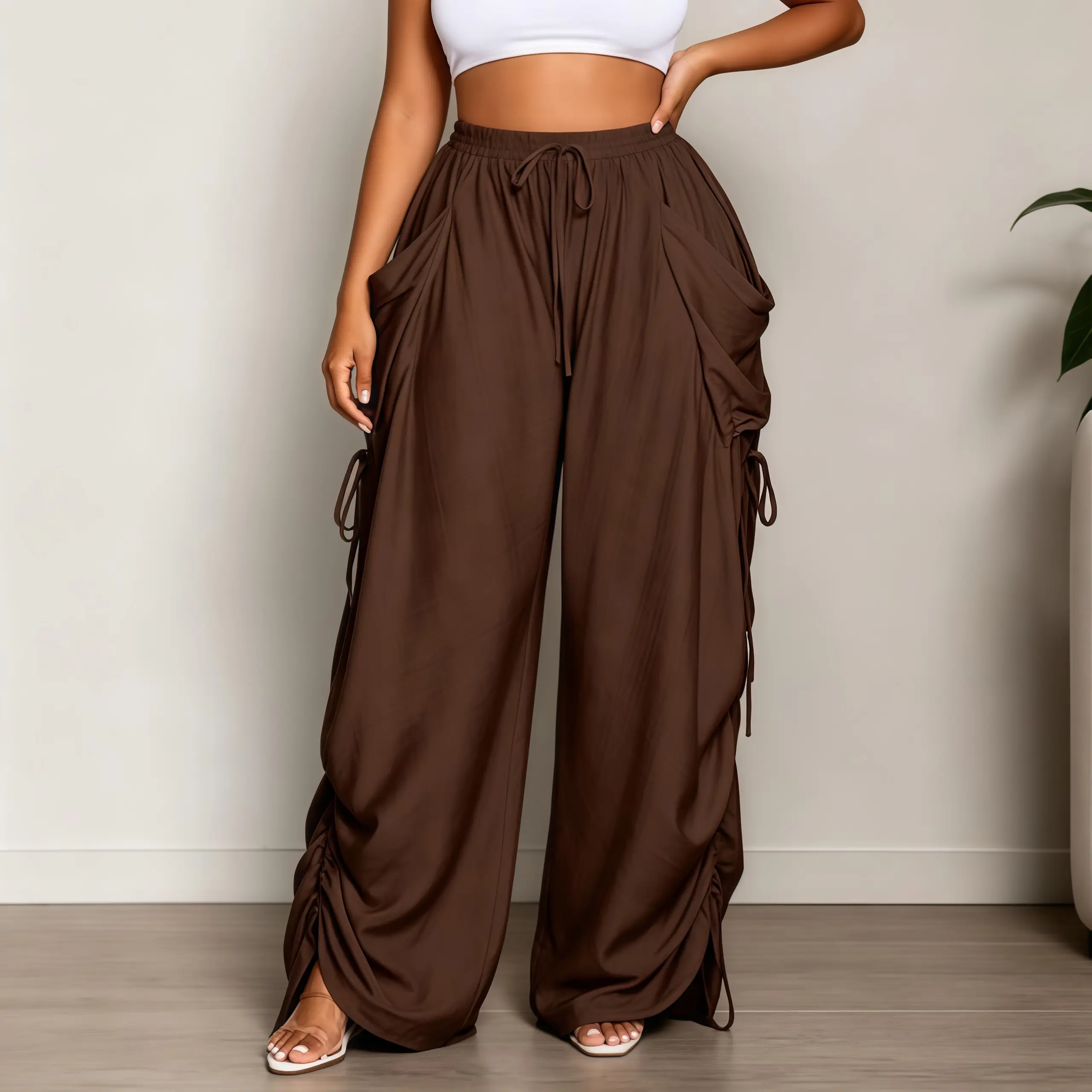 Women's Casual Loose-Fit Wide Leg Pants, All-Season Woven Fabric, Long Plain Design, Daily Commute & Vacation Wear