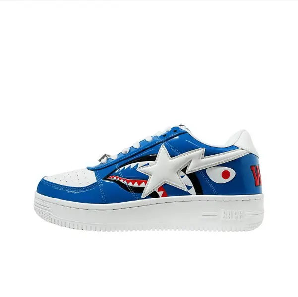 Bold red and blue low top sneakers with shark graphic and white star detail, glossy patent leather upper, unisex streetwear shoes for daily casual styling