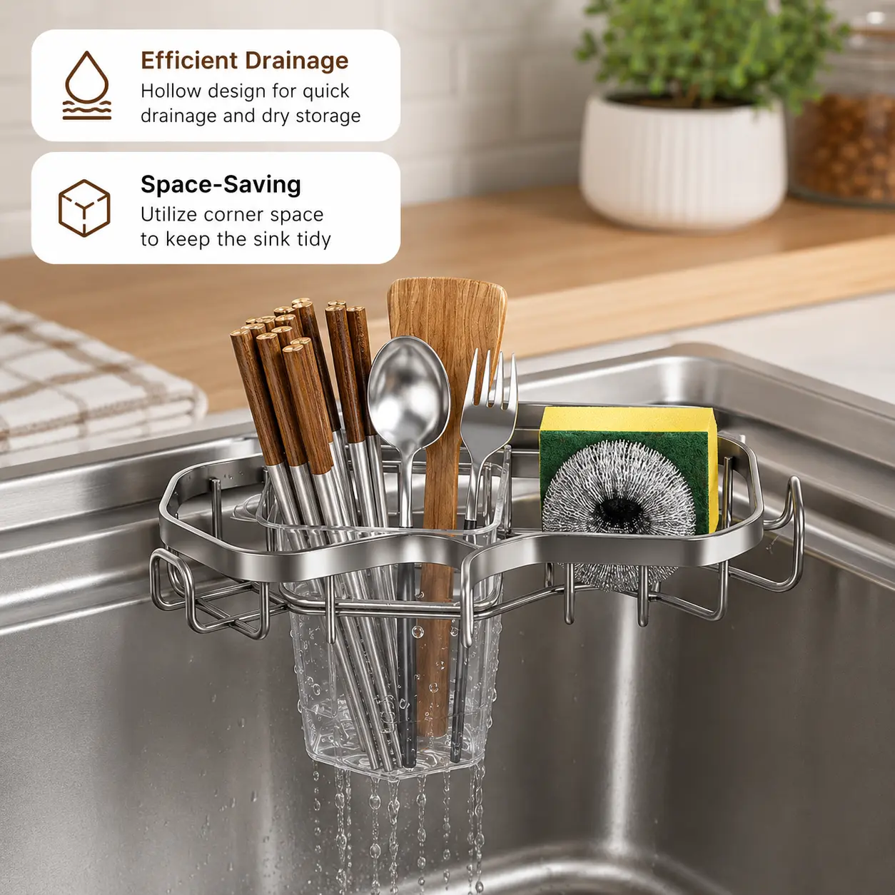 1 Count, Stainless Steel Kitchen Sink Corner Drain Storage Basket, for Organizing Cutlery, Sponge, Seasoning and Small Kitchen Supplies