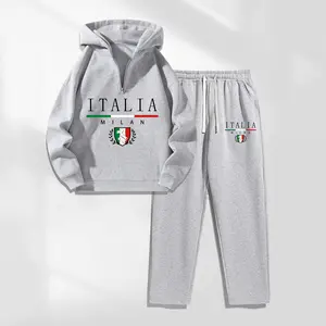 Men's 2-Piece Italia Letter Pattern Hoodie & Drawstring Sweatpants Set - Casual Athletic Long-Sleeve Hooded Jacket & Trousers for Fall, Winter Daily Wear, Athleisure Menswear Tracksuit