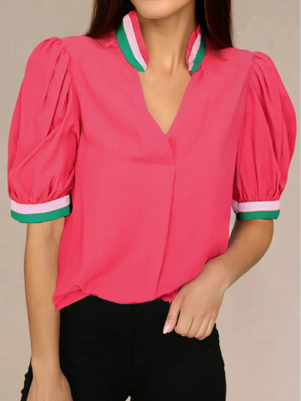 Women's V-Neck Puff Short Sleeve Blouse - Viscose Blend, Colorful Trim, Contrast Collar, Button-Accent, Elegant Casual Office Work Tunic Top, Shortsleeve, Lady, Chic, Polyamide