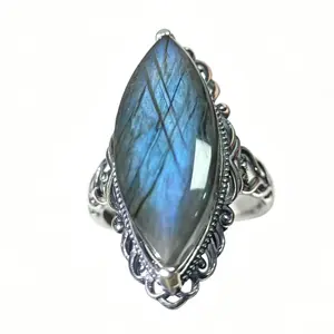 Adjustable 925 Sterling Silver Marquise Labradorite Statement Ring (24.3×10.1mm)