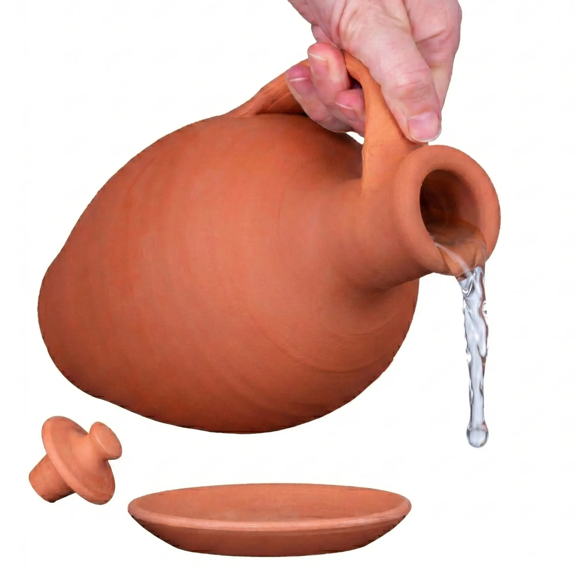 Hakan Anadolu Handmade Natural Clay Water Pitcher with Lid and Plate, Unglazed Terracotta Water Carafe, Traditional  Mud Jug, Small, 3 Pcs, Drinkware