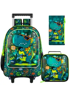 3Pcs Dinosaur Rolling Backpack for Boys, Kids School Backpacks with Wheels, Roller Bookbag with Lunch Box for Elementary Preschool(Green)
