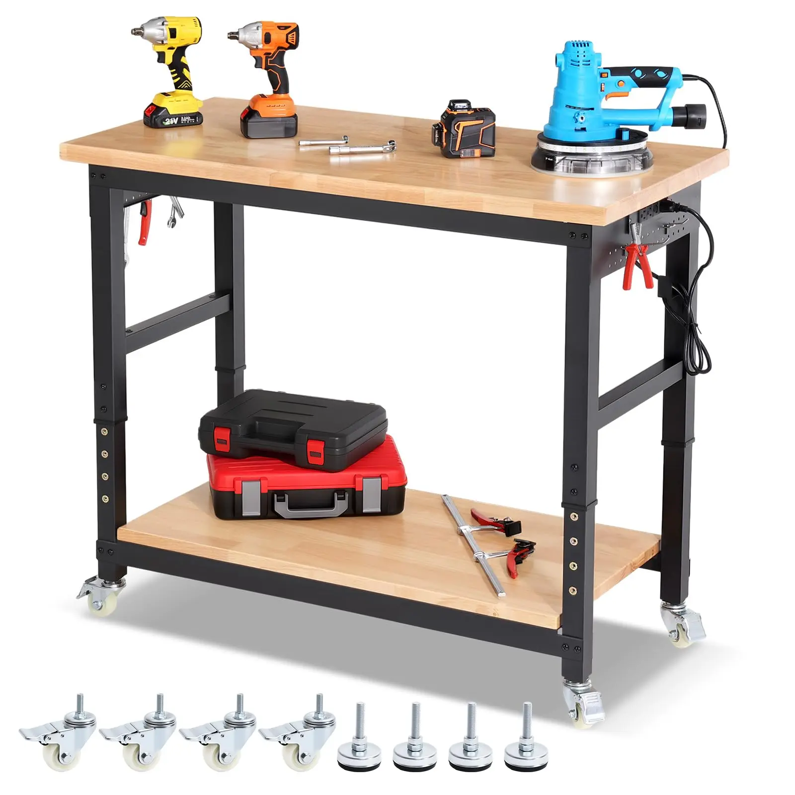ENJOYWOOD Heavy-Duty 48x24 inch Metal Adjustable Height Workbench with 2000lb Capacity, Wheels, Under-Shelf, Pegboard, Power Outlets, Tool Storage Organiser, Cord Organiser for Garage & Workshop