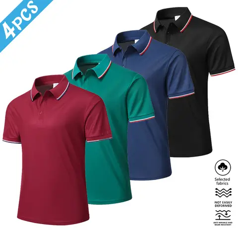 Men's 4-Pack Striped Trim Collared Polo Shirts - Breathable Basic Sports Clothes Tops, Stylish Menswear for Everyday & Office Wear