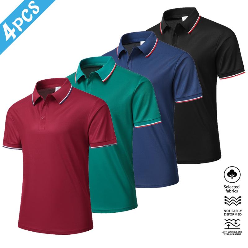 Men's Casual Polos 4-Pack - Short Sleeve Colorblock Trim Design, Breathable & Stylish, Suitable for Everyday Wear & Office Attire